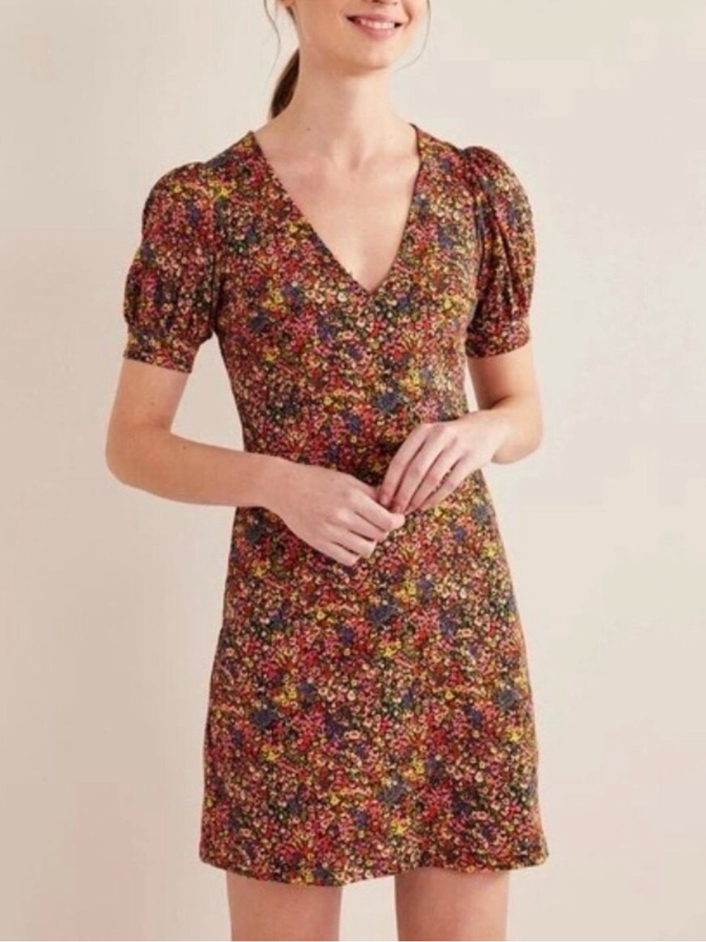 🔆Boden V-Neck Floral Puff Sleeve Jersey Mini Dress Size 4P